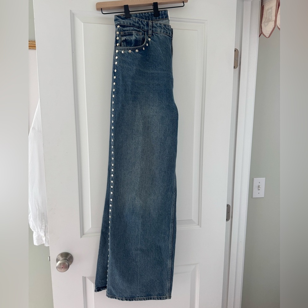 Reformation Wide-Leg Jeans with Silver Stud Trim - Blue Wash